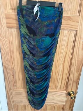 Topshop Blue Green Ruched Midi Skirt